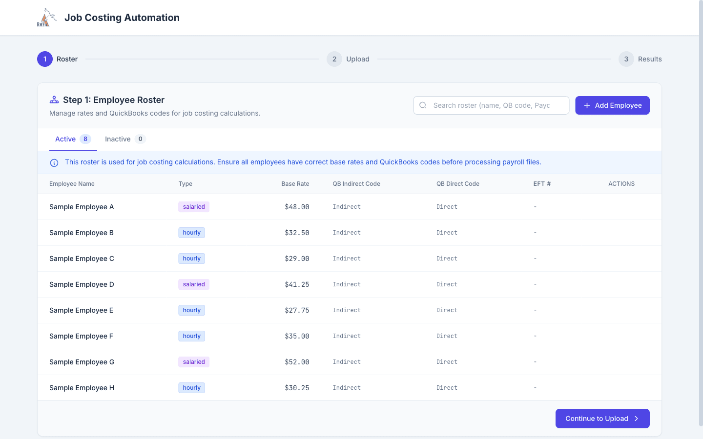 The Rhea job costing application's employee roster step, with rates and QuickBooks codes