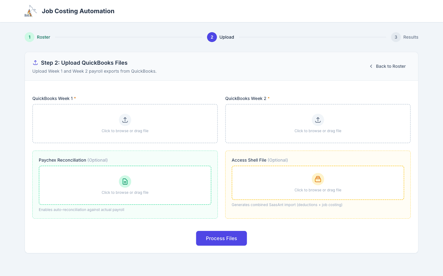 The upload step: QuickBooks weeks 1 and 2, with optional Paychex reconciliation